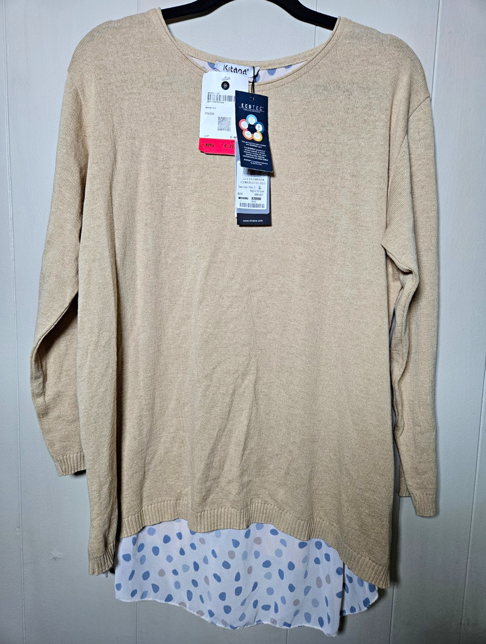 Kitana Womens Knit Round Neck Sweater Tan Polka Dot Hem Made In Italy size XL